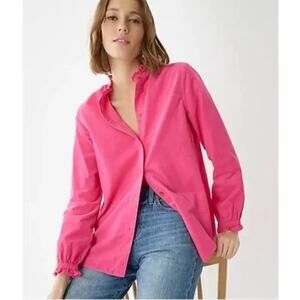 J. Crew Corduroy Classic-Fit Ruffle Neck Shirt Hot Pink Button Up Size 00